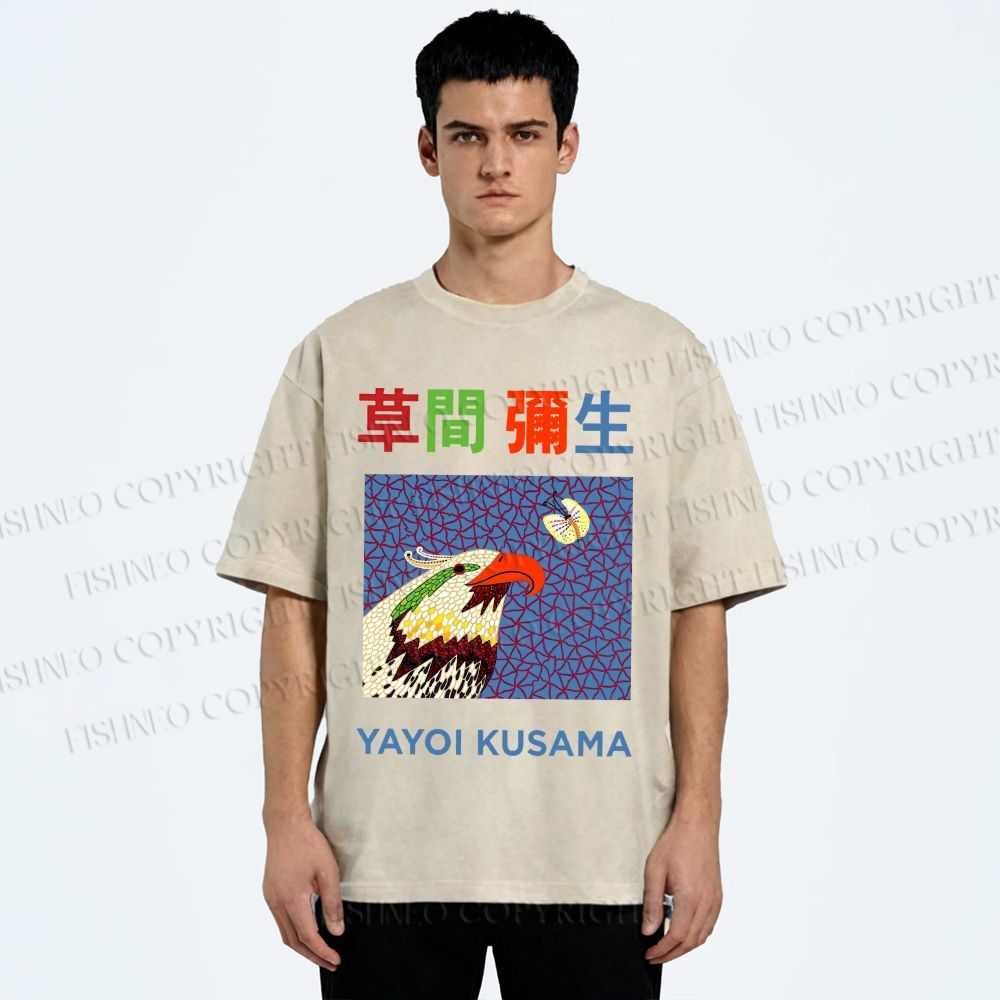 Unisex Yayoi Kusama Colorful Bird Printed Washed Tee