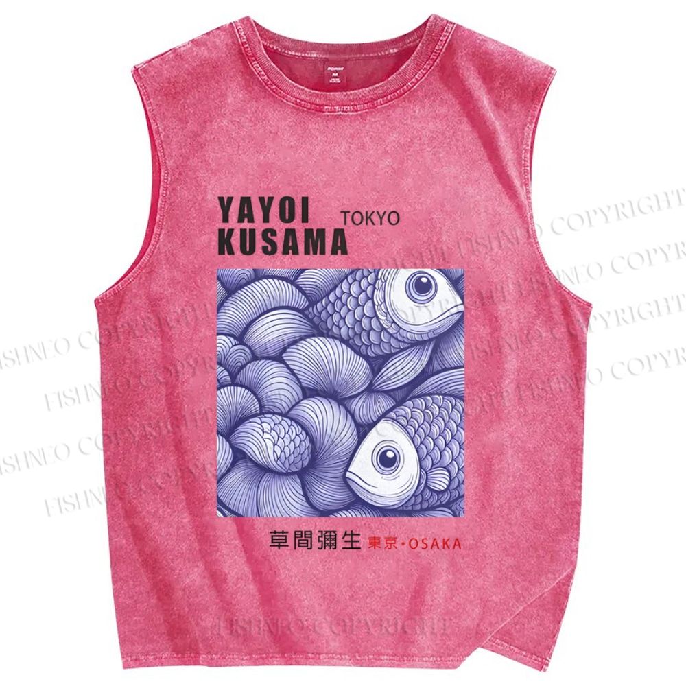 Unisex Yayoi Kusama Vintage Fish Printed Washed Tank Top