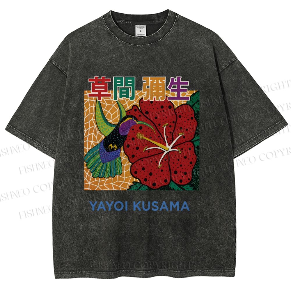 Unisex Yayoi Kusama Flowers Bird Printed Washed Tee