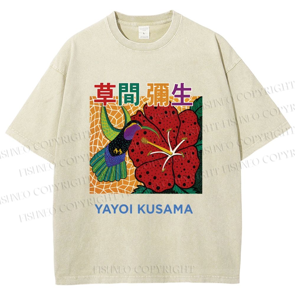 Unisex Yayoi Kusama Flowers Bird Printed Washed Tee
