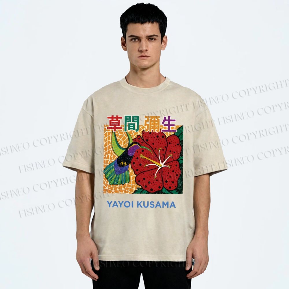 Unisex Yayoi Kusama Flowers Bird Printed Washed Tee