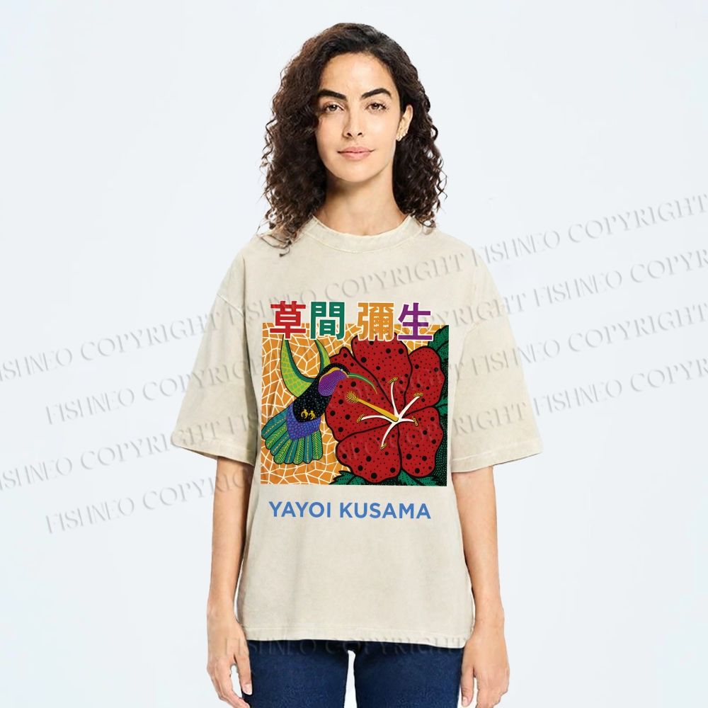 Unisex Yayoi Kusama Flowers Bird Printed Washed Tee