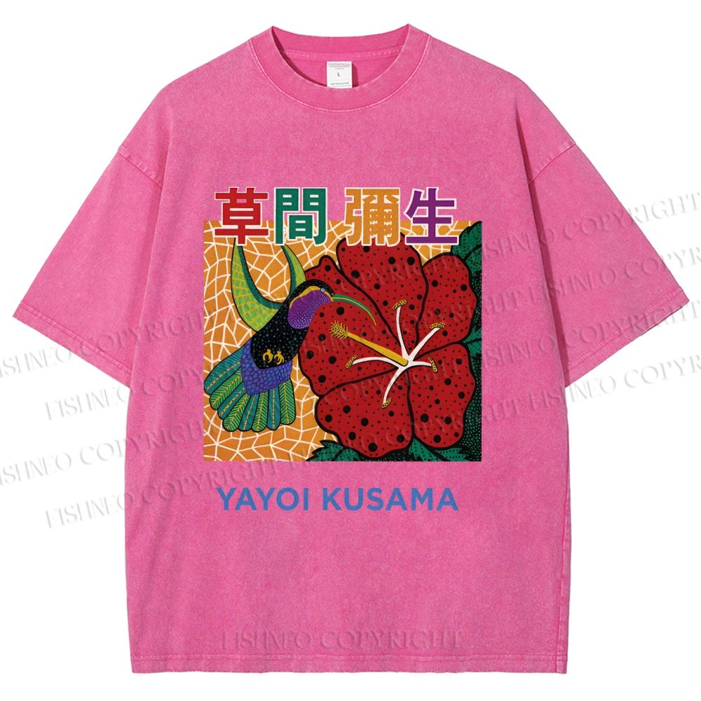 Unisex Yayoi Kusama Flowers Bird Printed Washed Tee