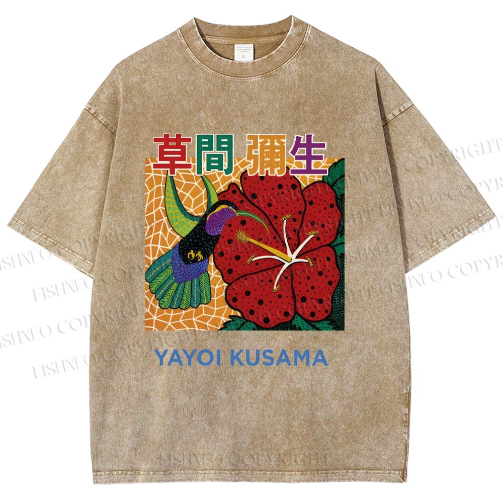 Unisex Yayoi Kusama Flowers Bird Printed Washed Tee