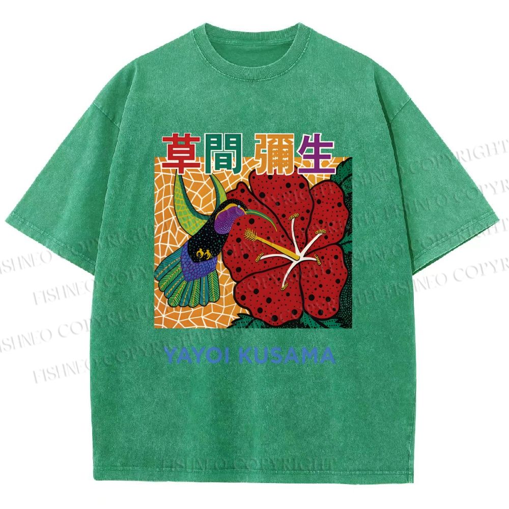 Unisex Yayoi Kusama Flowers Bird Printed Washed Tee