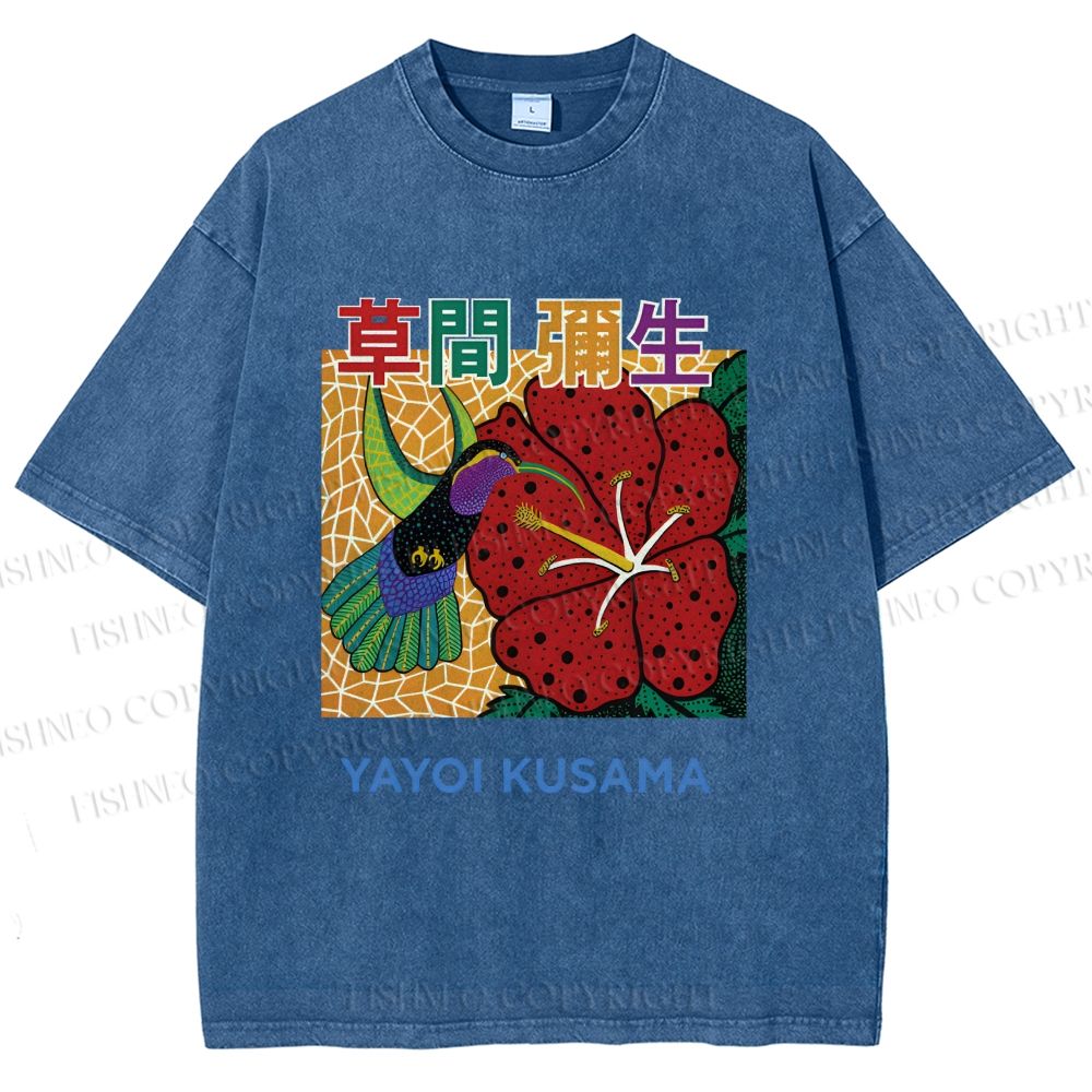 Unisex Yayoi Kusama Flowers Bird Printed Washed Tee