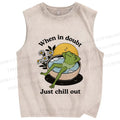 Unisex Just Chill Out Frog Printed Washed Tank Top