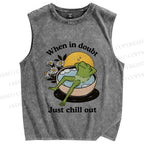 Unisex Just Chill Out Frog Printed Washed Tank Top