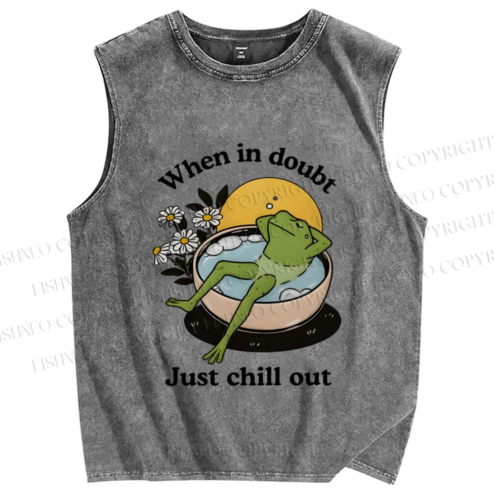 Unisex Just Chill Out Frog Printed Washed Tank Top