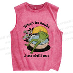 Unisex Just Chill Out Frog Printed Washed Tank Top
