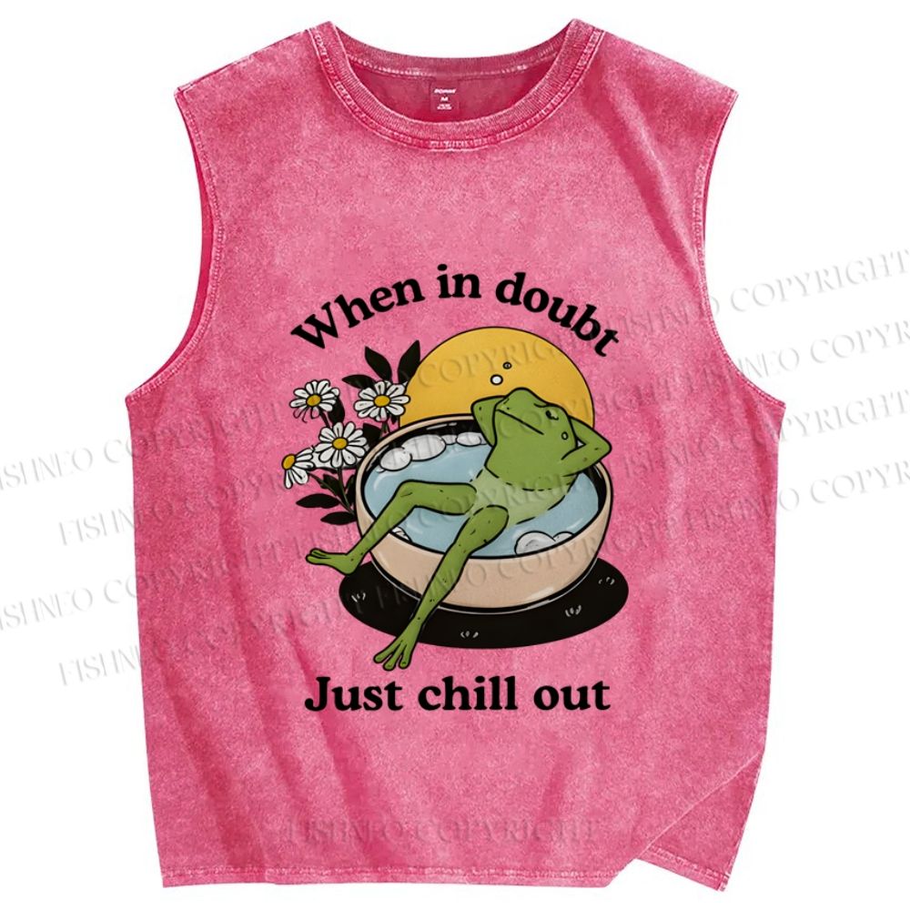 Unisex Just Chill Out Frog Printed Washed Tank Top