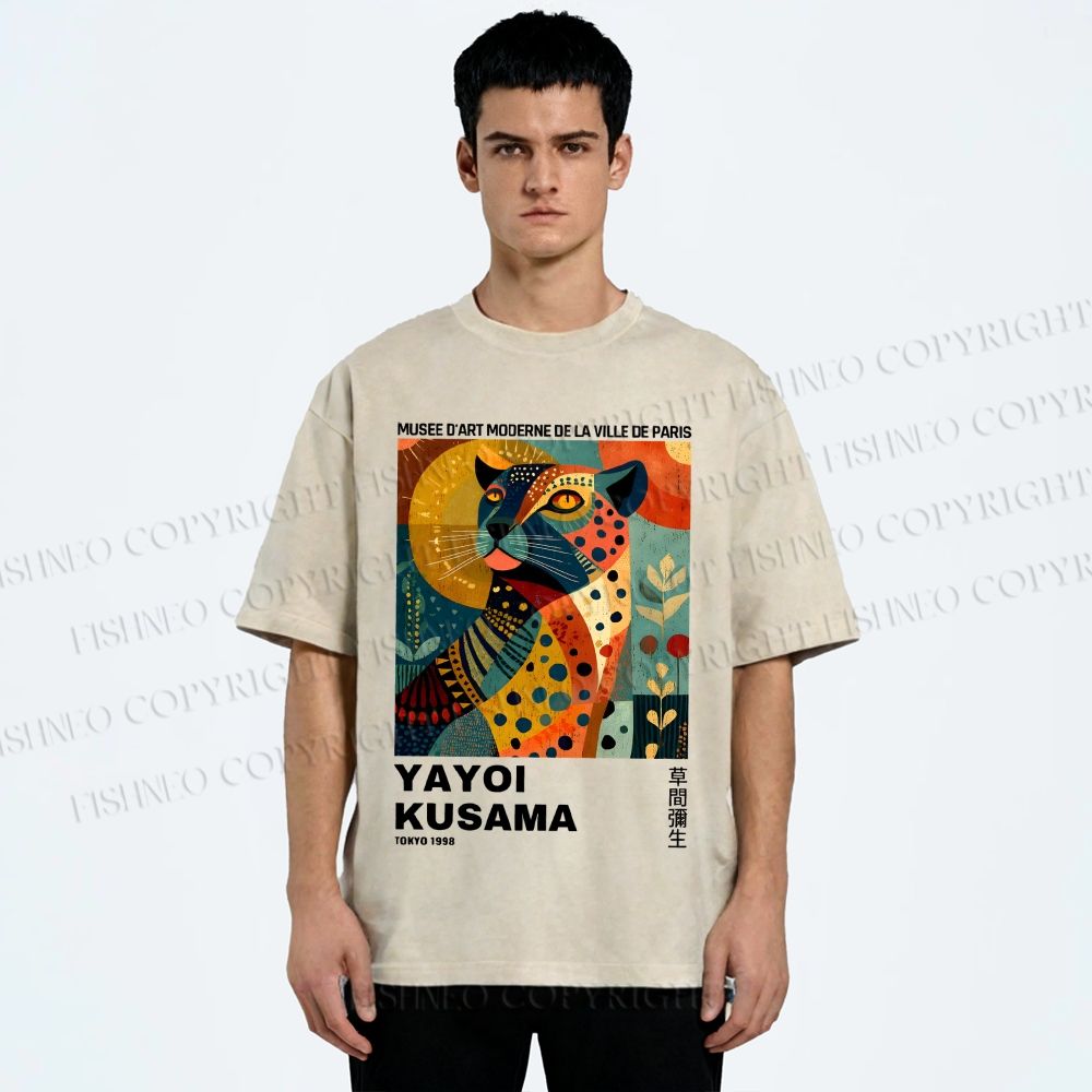 Unisex Yayoi Kusama Colorful Panther Printed Washed Tee