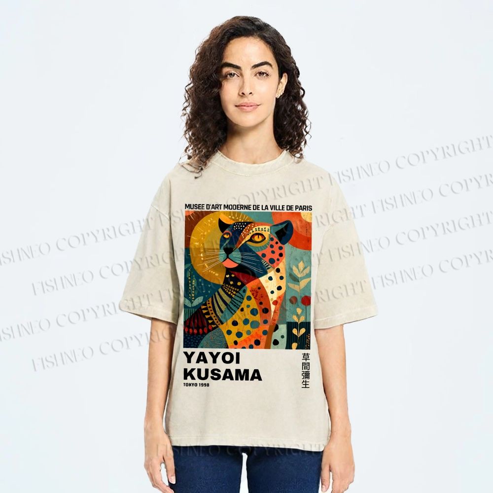 Unisex Yayoi Kusama Colorful Panther Printed Washed Tee