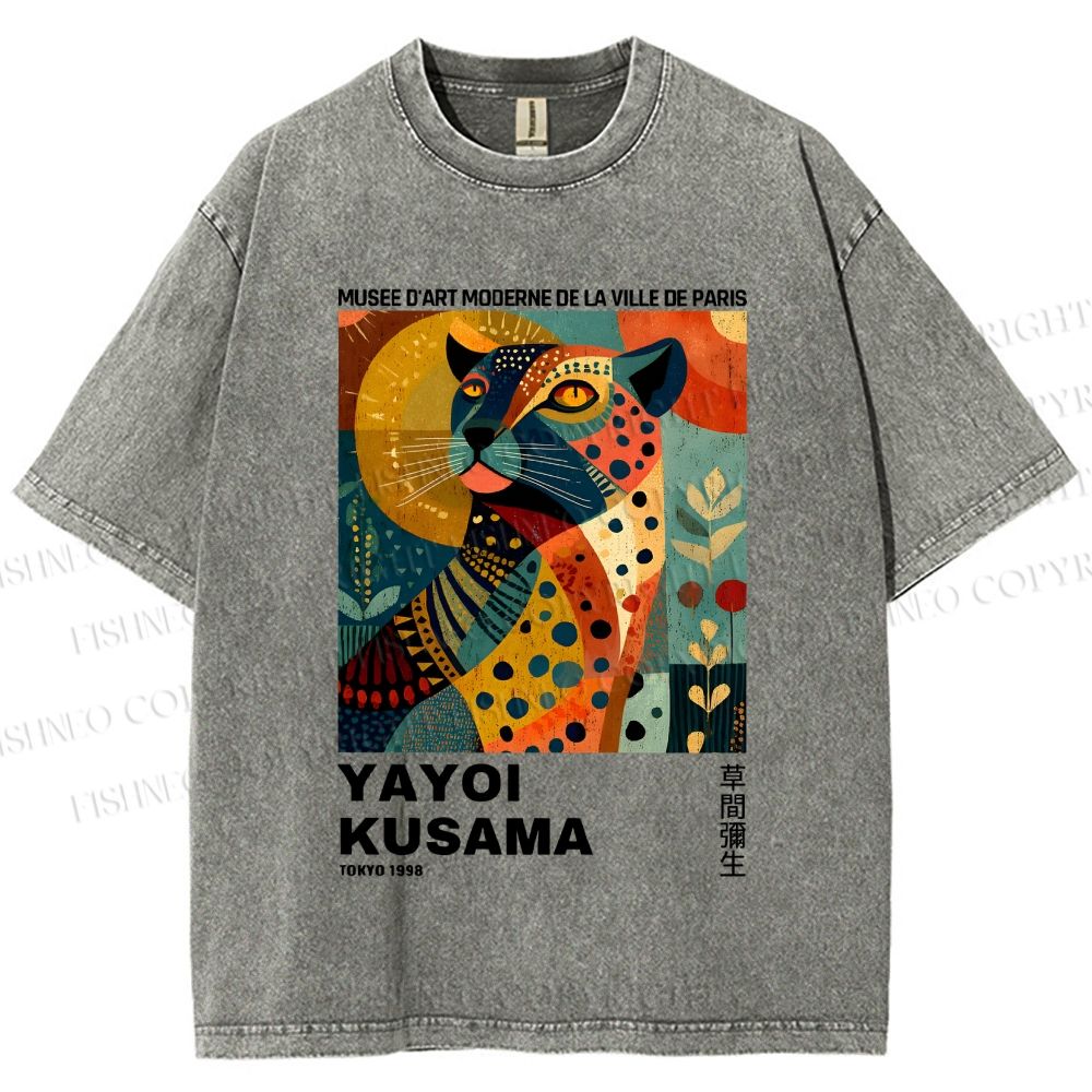 Unisex Yayoi Kusama Colorful Panther Printed Washed Tee