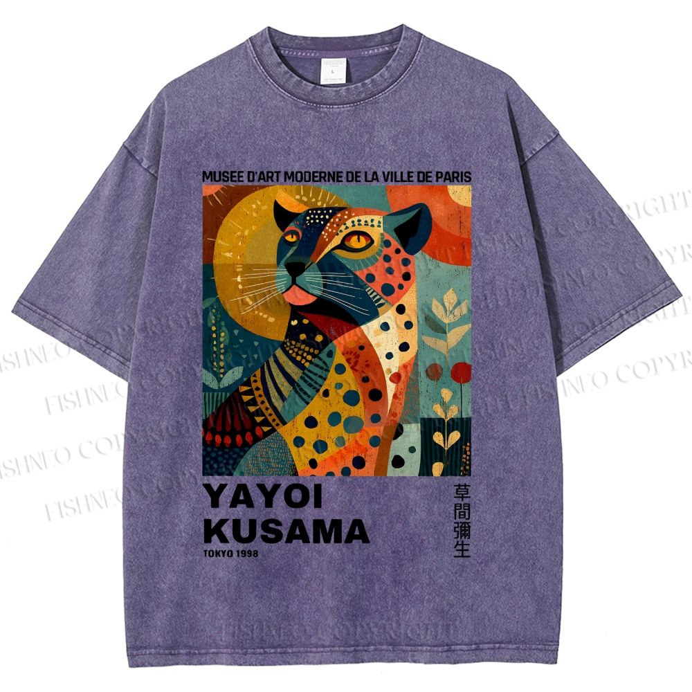 Unisex Yayoi Kusama Colorful Panther Printed Washed Tee