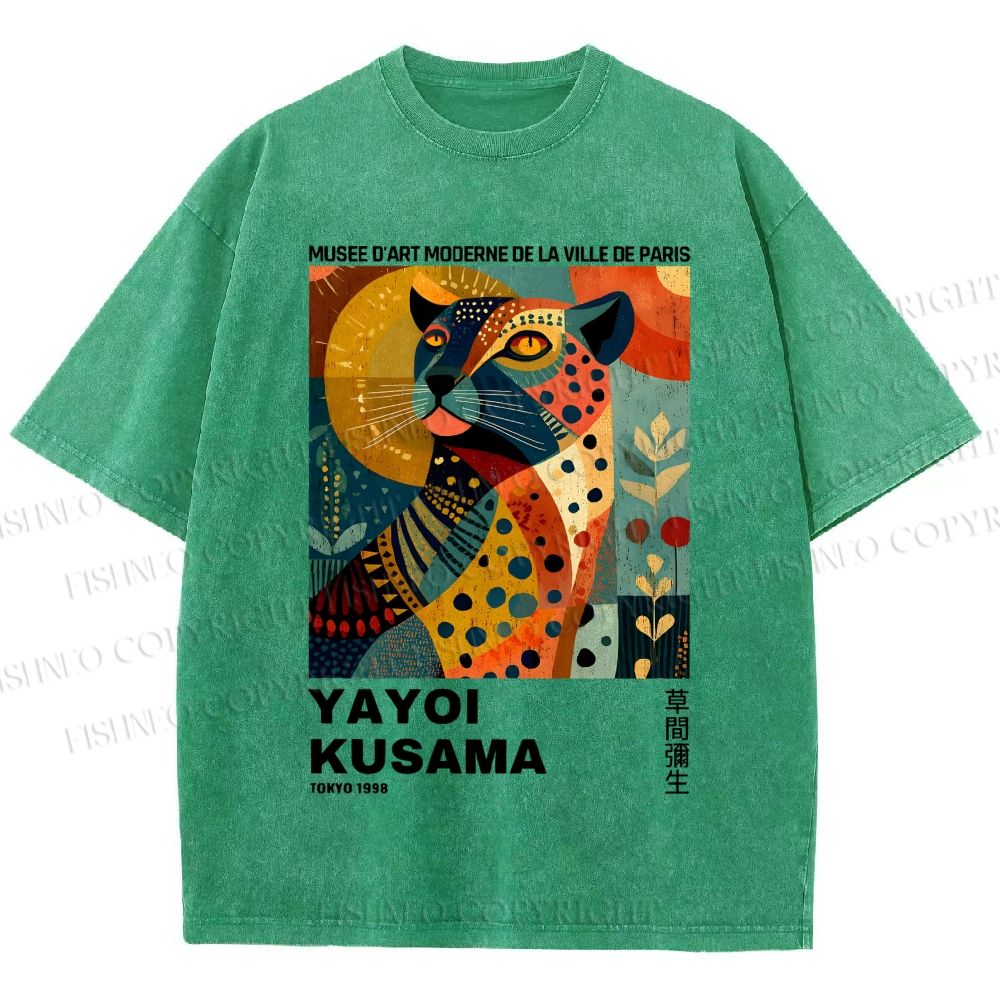 Unisex Yayoi Kusama Colorful Panther Printed Washed Tee