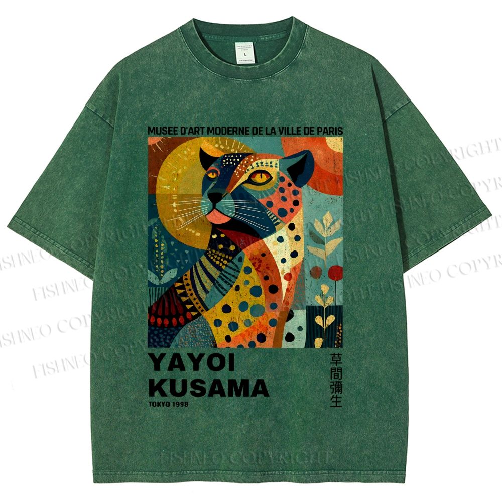 Unisex Yayoi Kusama Colorful Panther Printed Washed Tee