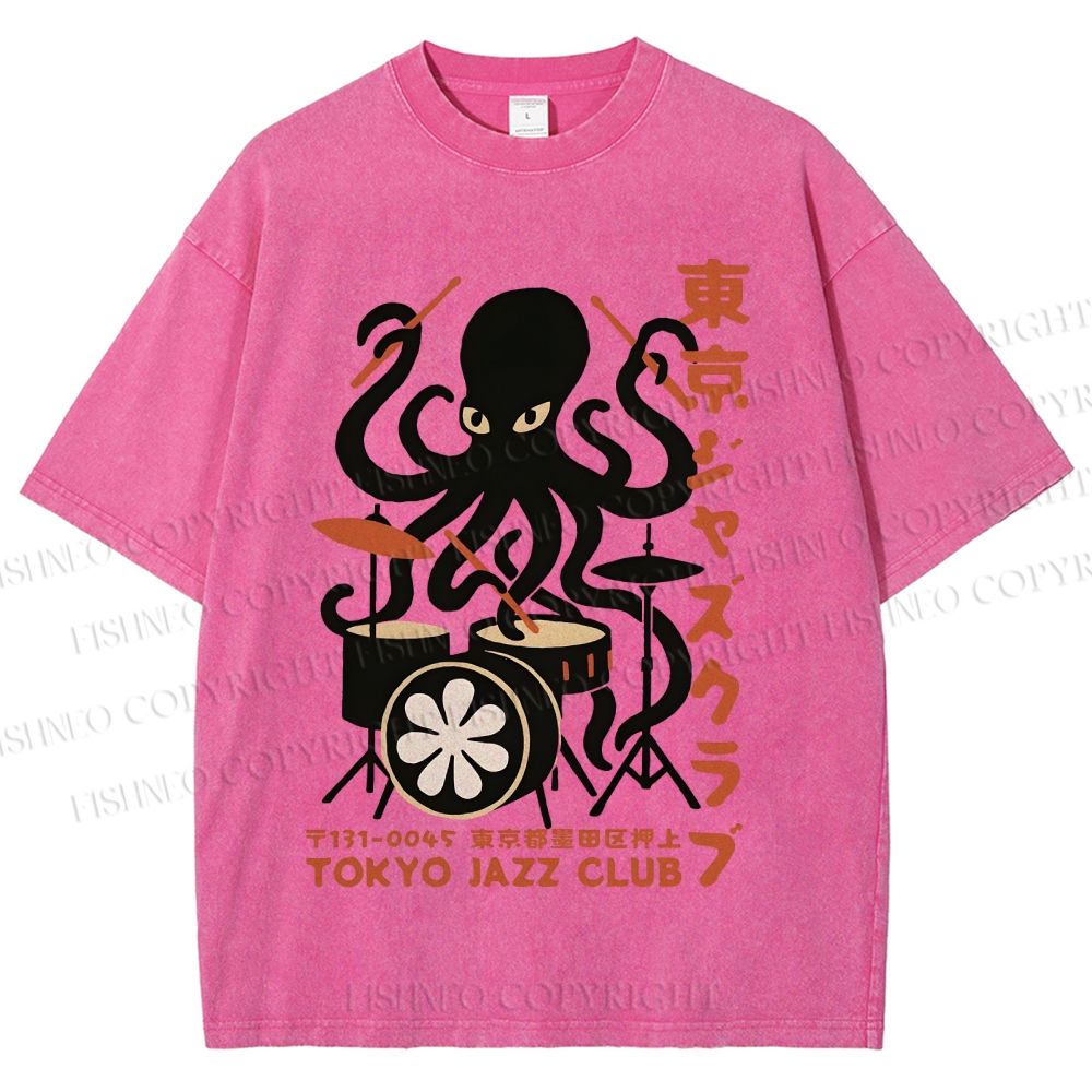Unisex Octopus Tokyo Jazz Club Printed Washed Tee