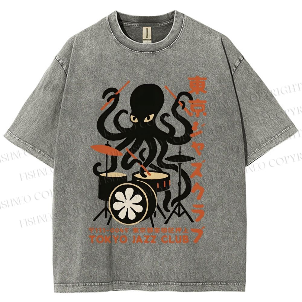 Unisex Octopus Tokyo Jazz Club Printed Washed Tee