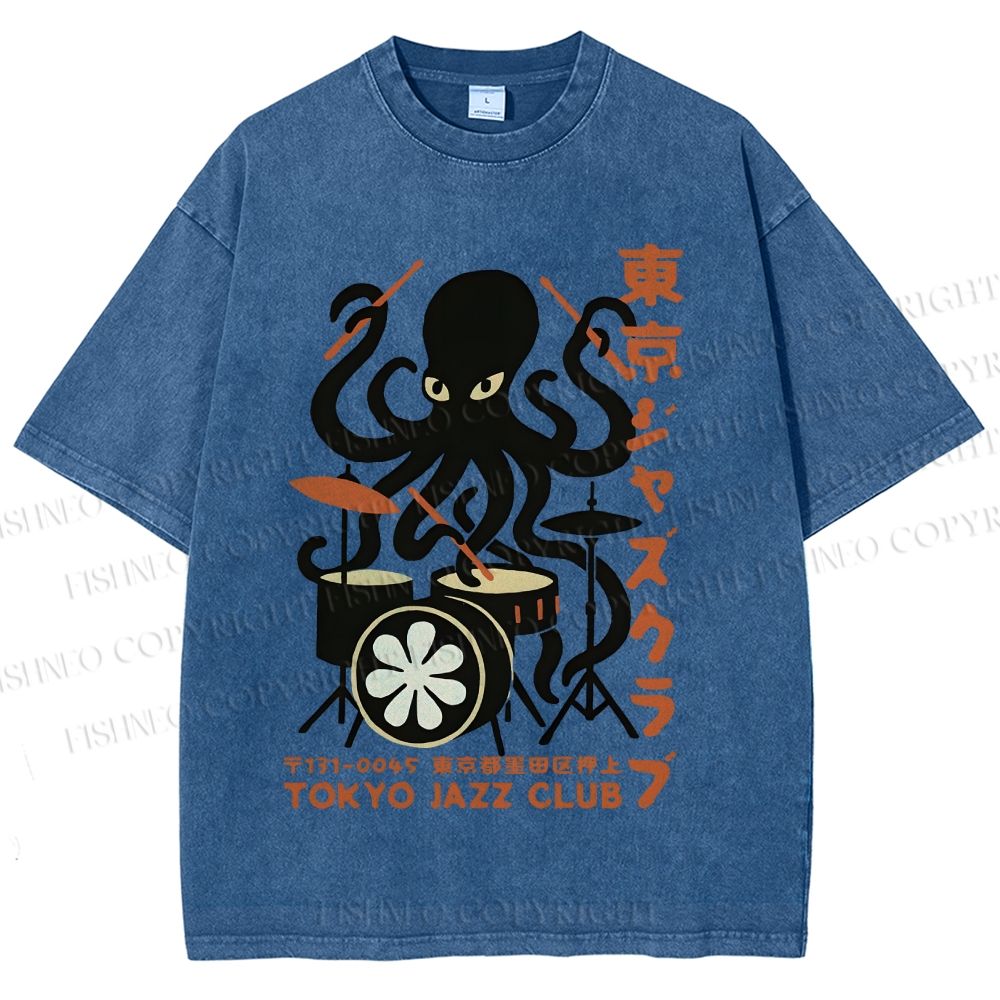 Unisex Octopus Tokyo Jazz Club Printed Washed Tee