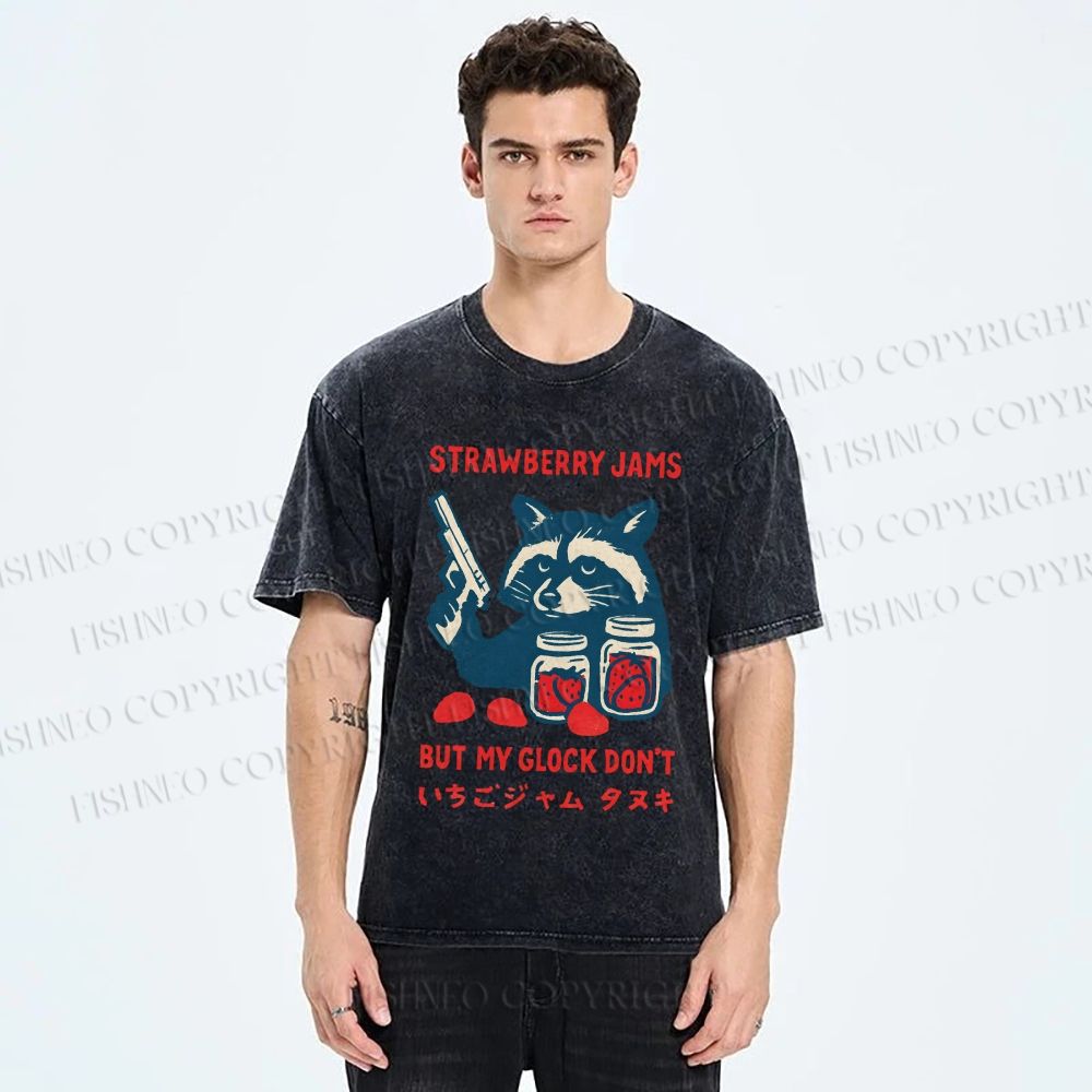 Unisex Strawberry Jams But My Glock Dont Trash Raccoon Printed Washed Tee