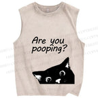 Unisex Are You Pooping Cat Printed Washed Tank Top