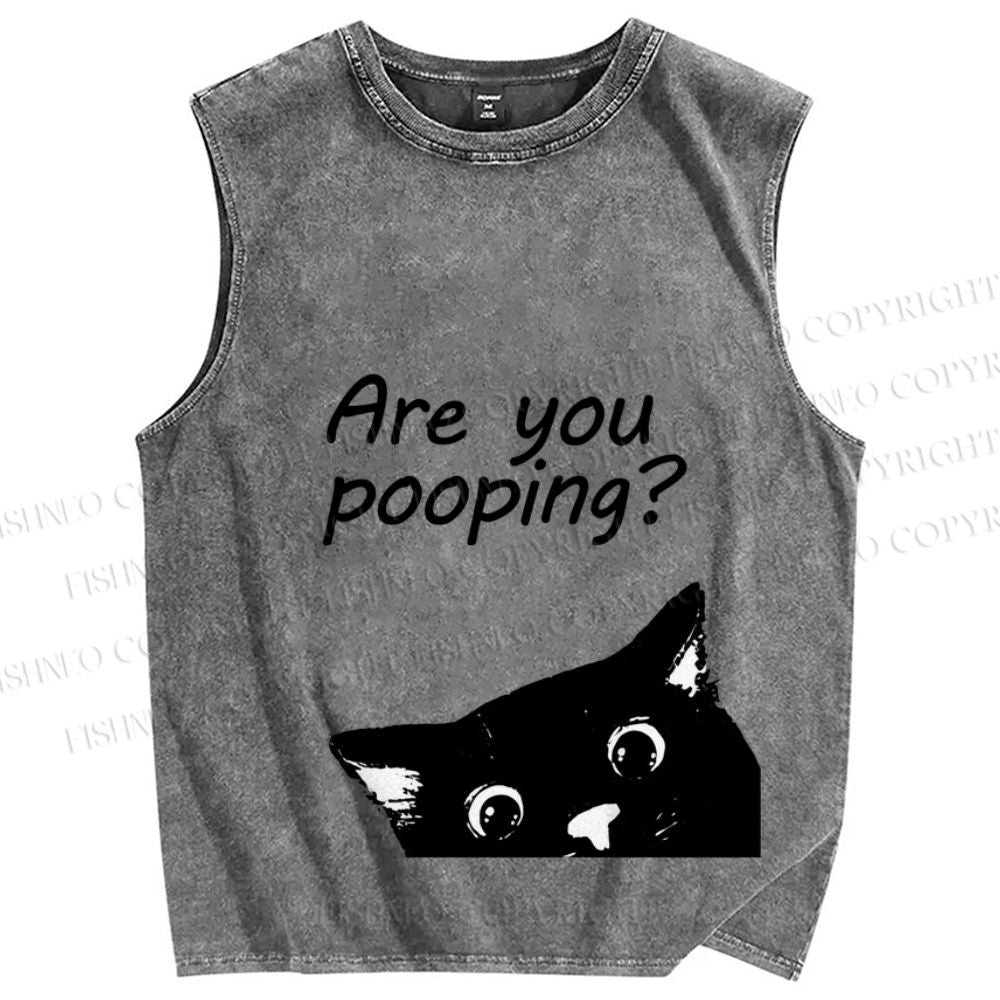 Unisex Are You Pooping Cat Printed Washed Tank Top