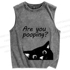 Unisex Are You Pooping Cat Printed Washed Tank Top
