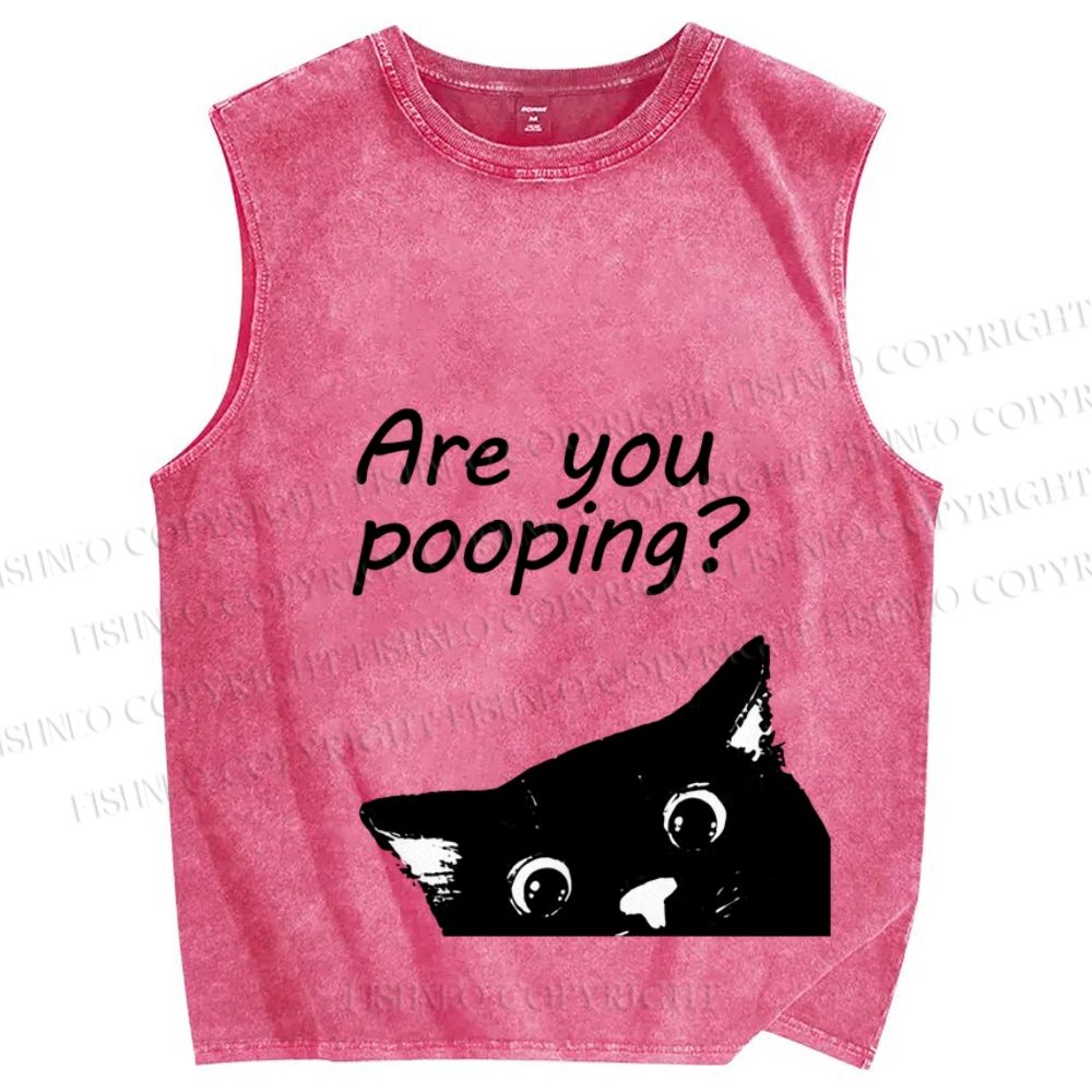 Unisex Are You Pooping Cat Printed Washed Tank Top
