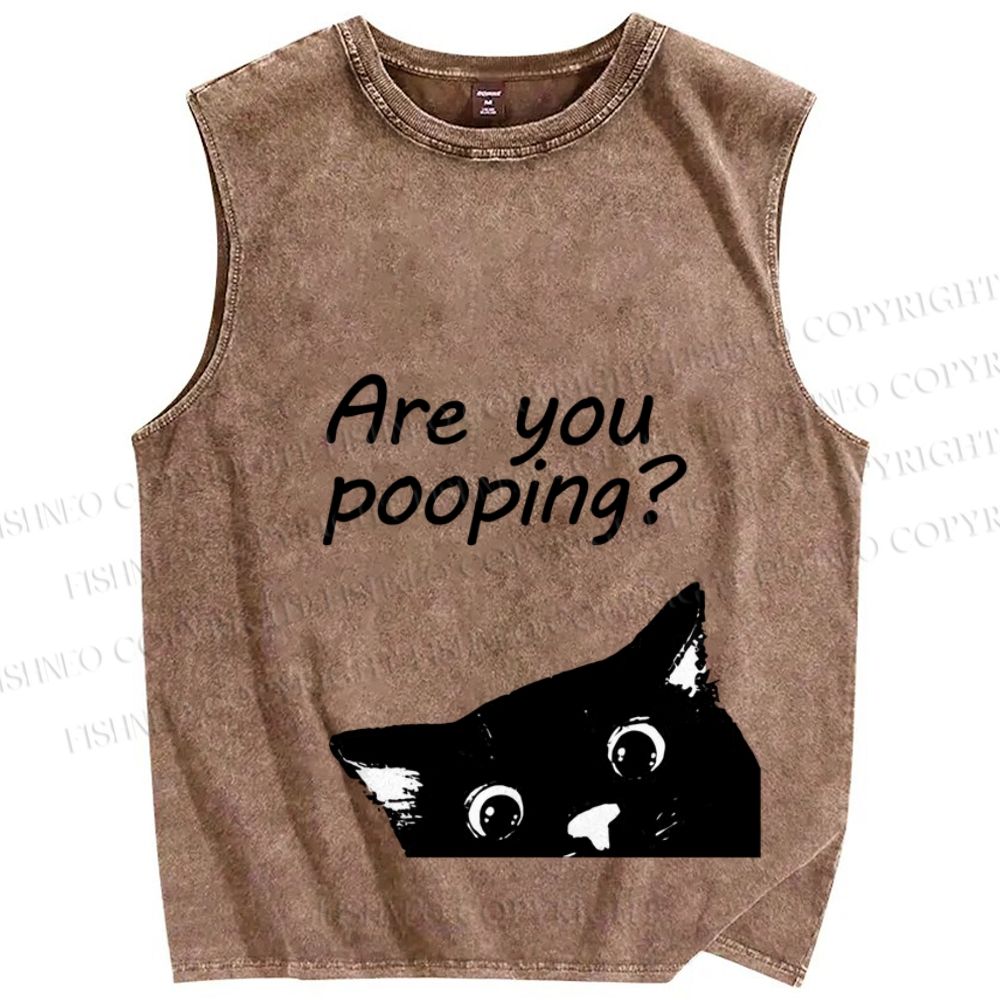 Unisex Are You Pooping Cat Printed Washed Tank Top