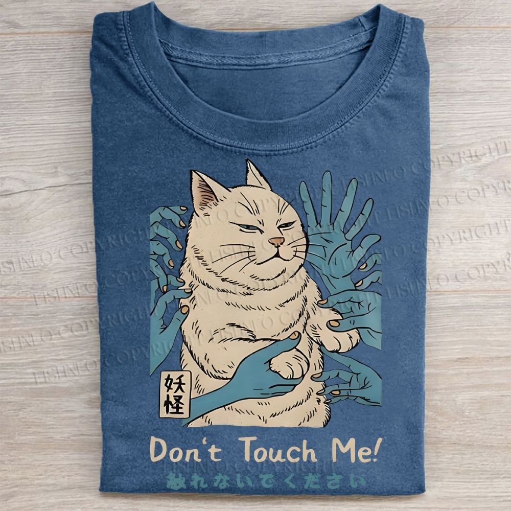 Unisex Vintage Don't Touch Me Cat Printed Washed Folded T-shirt
