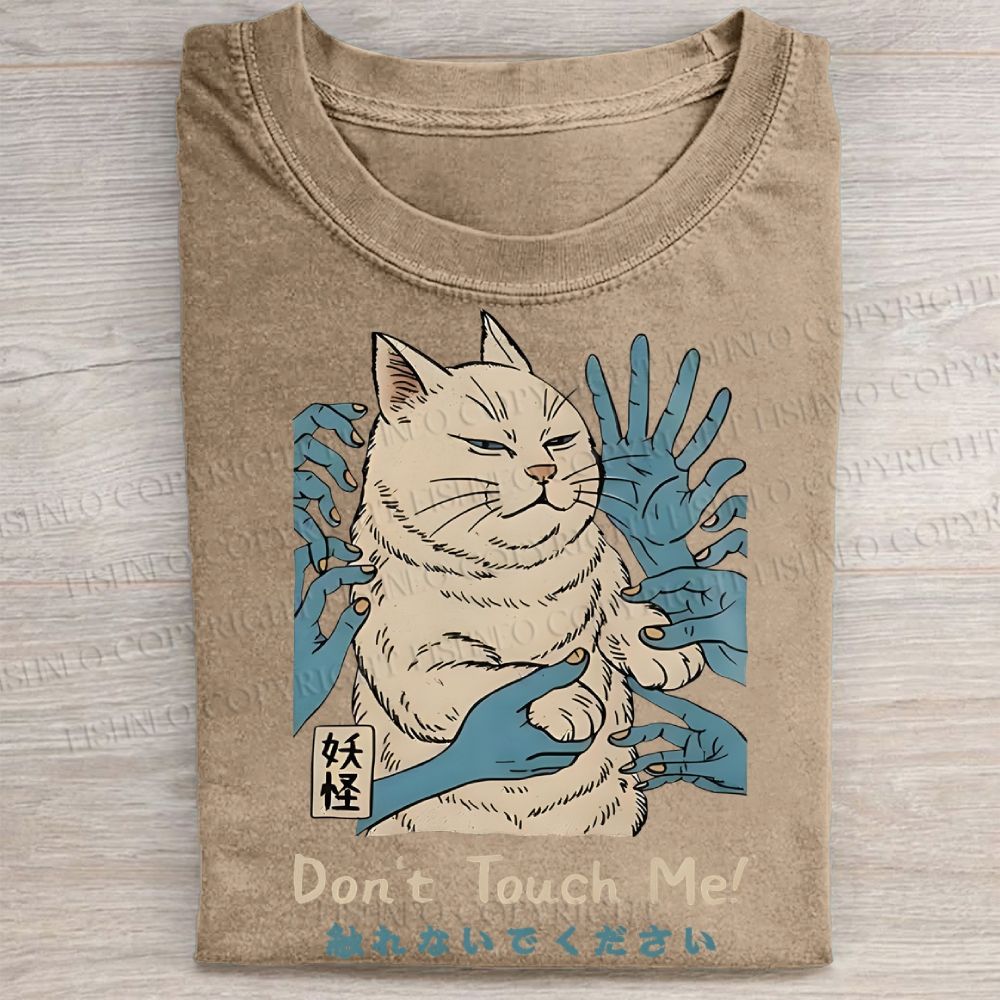 Unisex Vintage Don't Touch Me Cat Printed Washed Folded T-shirt