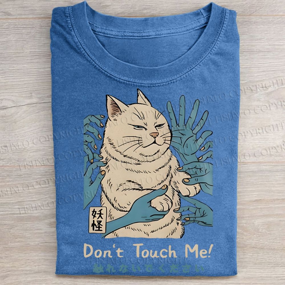Unisex Vintage Don't Touch Me Cat Printed Washed Folded T-shirt