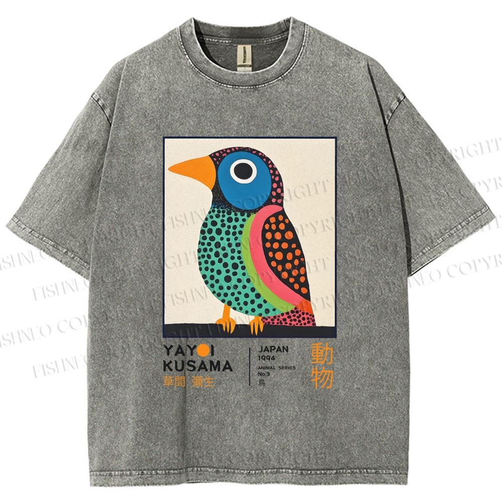 Unisex Yayoi Kusama Colorful Polka-dot Bird Printed Washed Tee