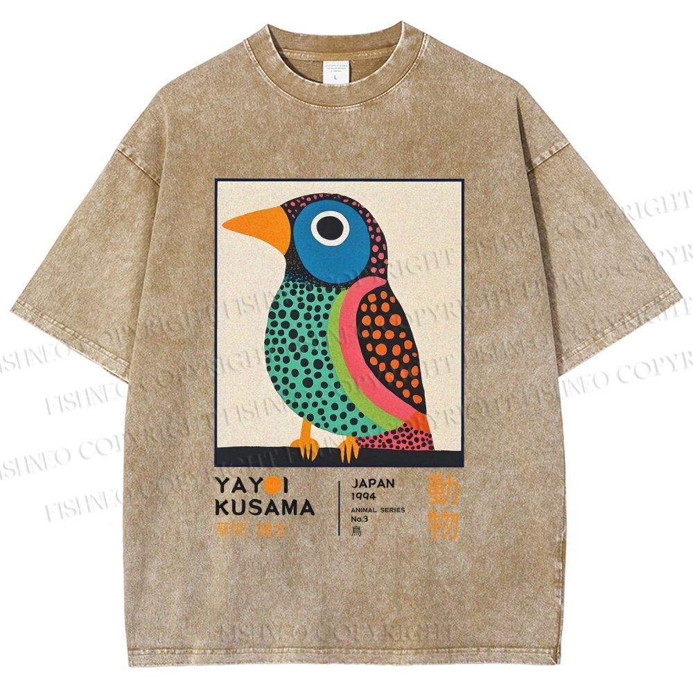 Unisex Yayoi Kusama Colorful Polka-dot Bird Printed Washed Tee