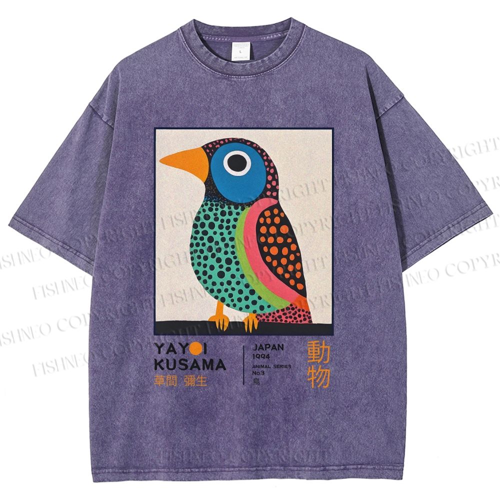 Unisex Yayoi Kusama Colorful Polka-dot Bird Printed Washed Tee