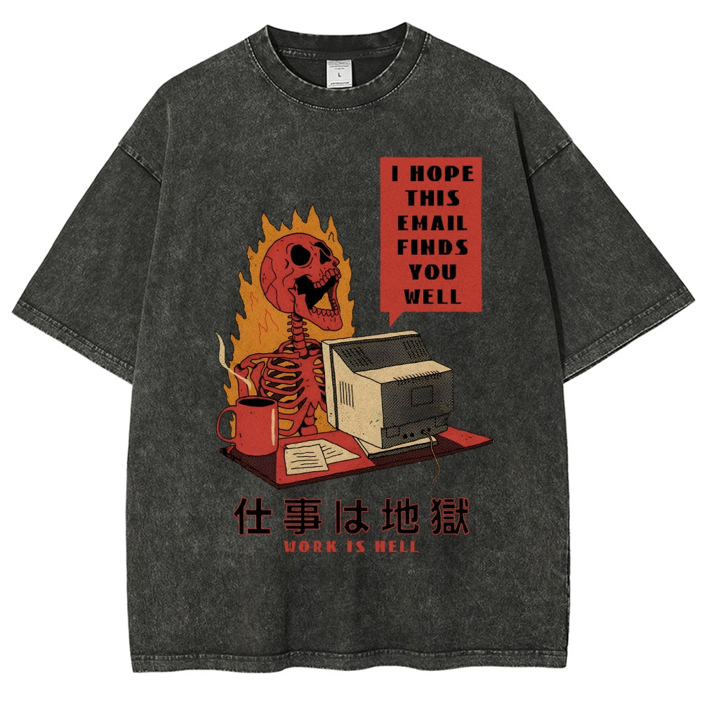 Skull Work Is Hell Vintage Wash Japanese Design T-Shirt