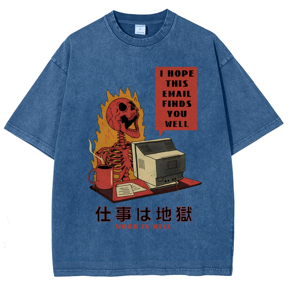 Skull Work Is Hell Vintage Wash Japanese Design T-Shirt
