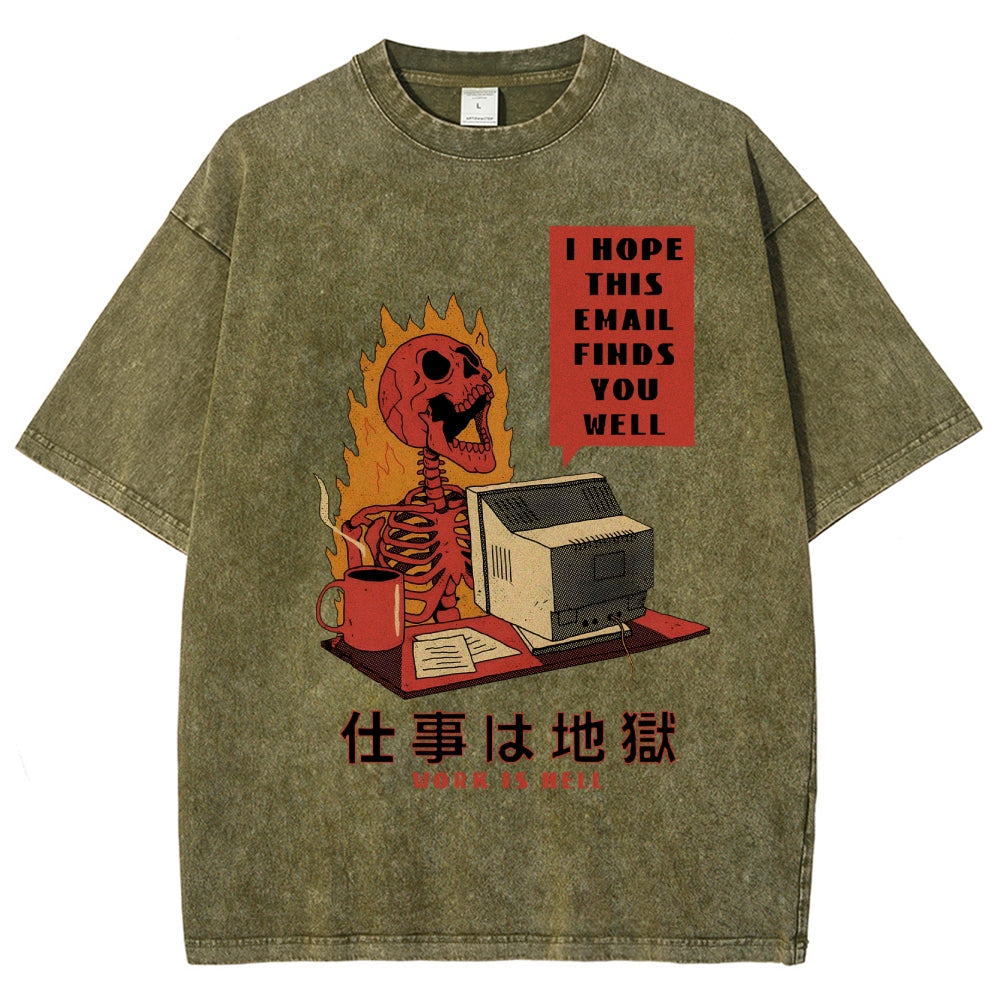 Skull Work Is Hell Vintage Wash Japanese Design T-Shirt