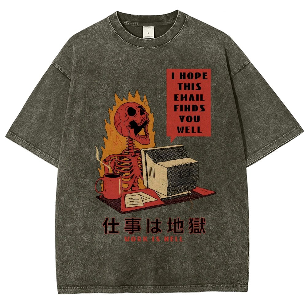 Skull Work Is Hell Vintage Wash Japanese Design T-Shirt