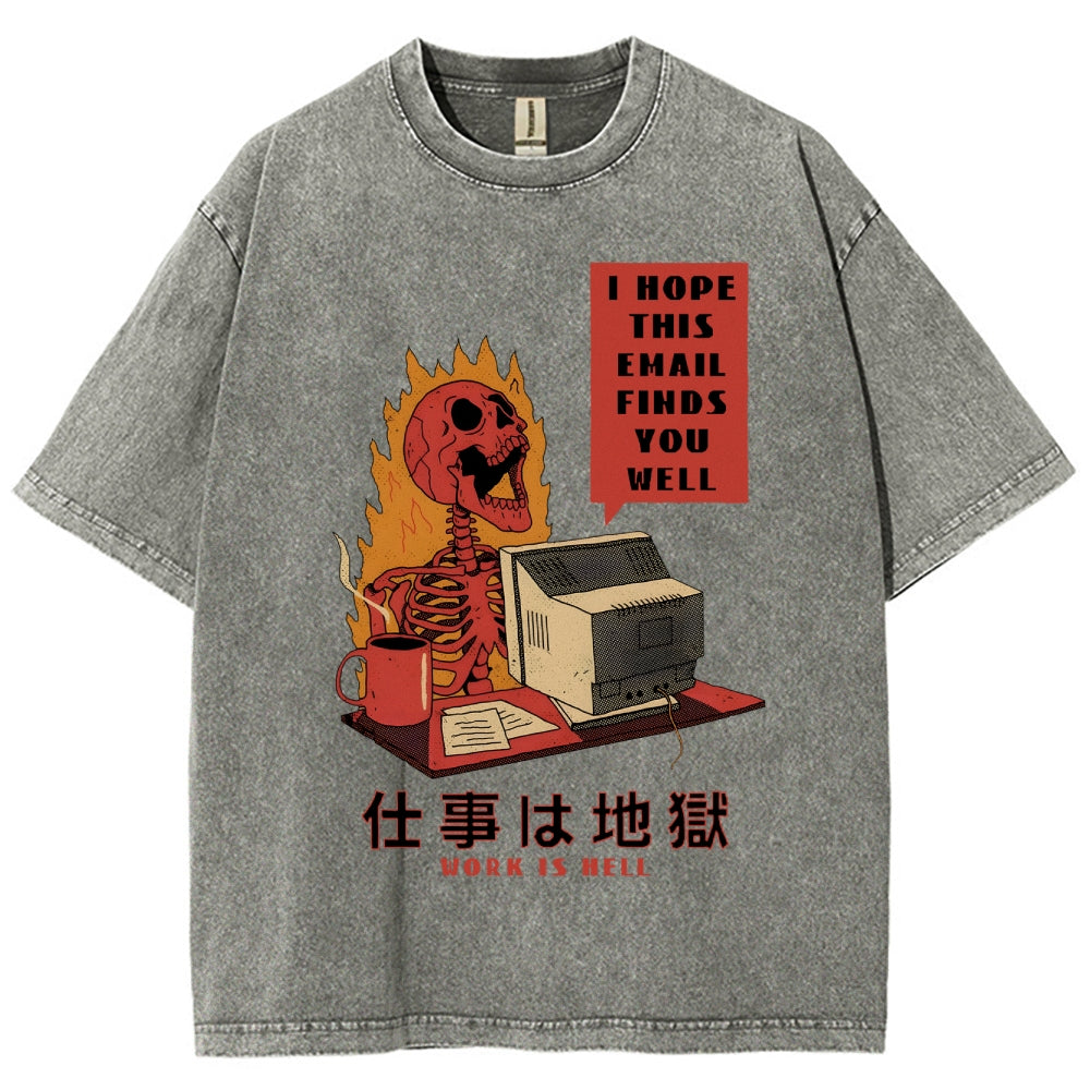Skull Work Is Hell Vintage Wash Japanese Design T-Shirt