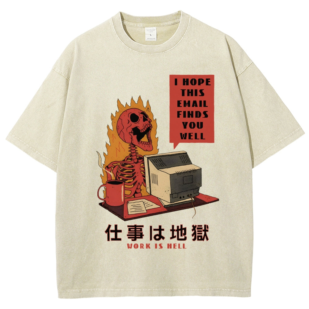 Skull Work Is Hell Vintage Wash Japanese Design T-Shirt