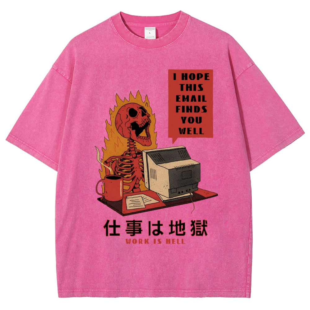 Skull Work Is Hell Vintage Wash Japanese Design T-Shirt