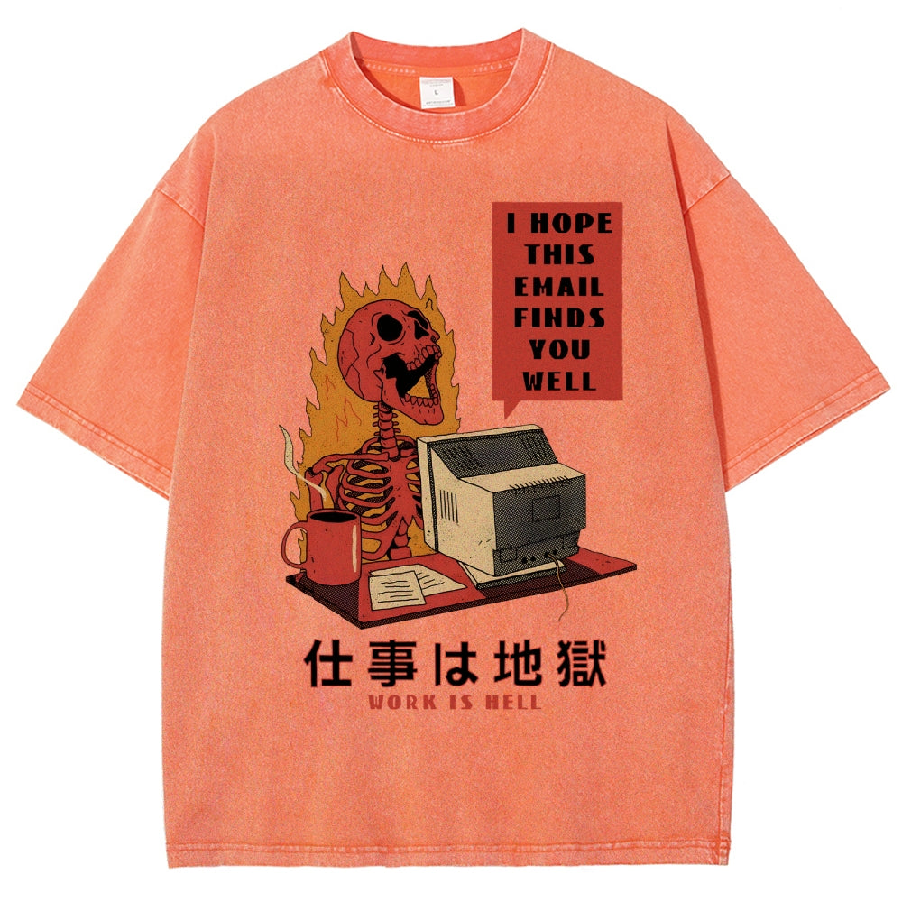Skull Work Is Hell Vintage Wash Japanese Design T-Shirt