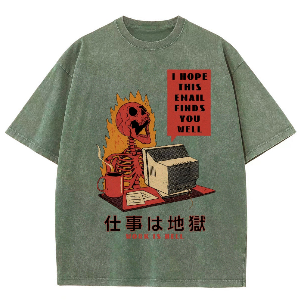 Skull Work Is Hell Vintage Wash Japanese Design T-Shirt