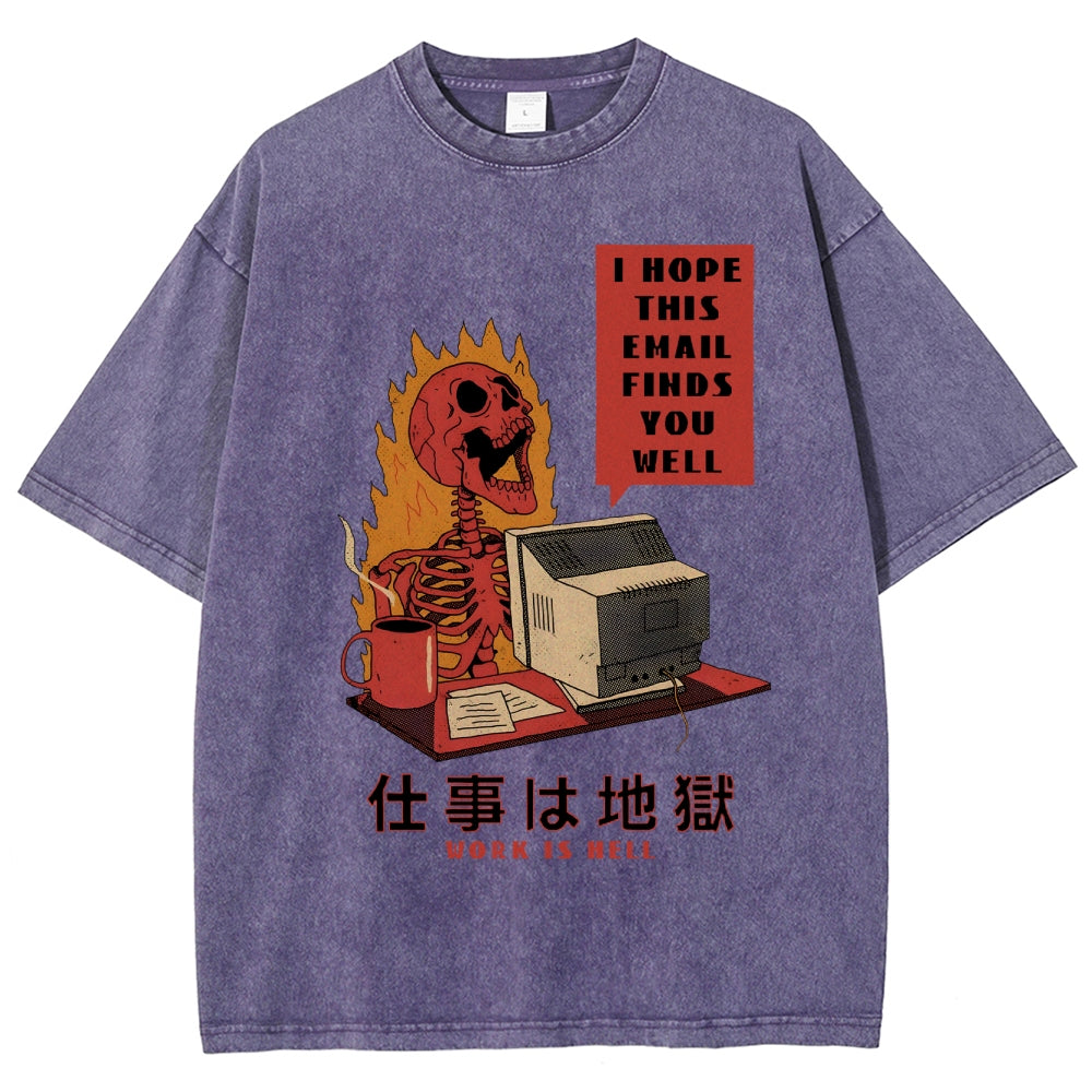 Skull Work Is Hell Vintage Wash Japanese Design T-Shirt