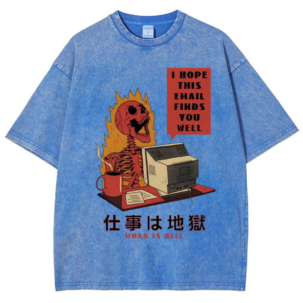 Skull Work Is Hell Vintage Wash Japanese Design T-Shirt