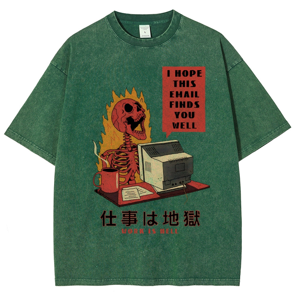 Skull Work Is Hell Vintage Wash Japanese Design T-Shirt