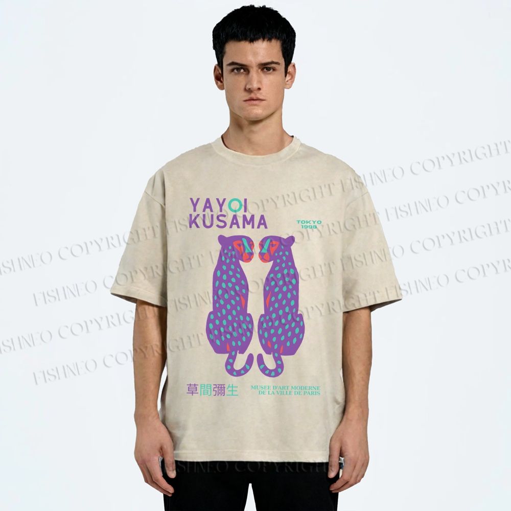 Unisex Yayoi Kusama Polka Dot Leopard Printed Washed Tee