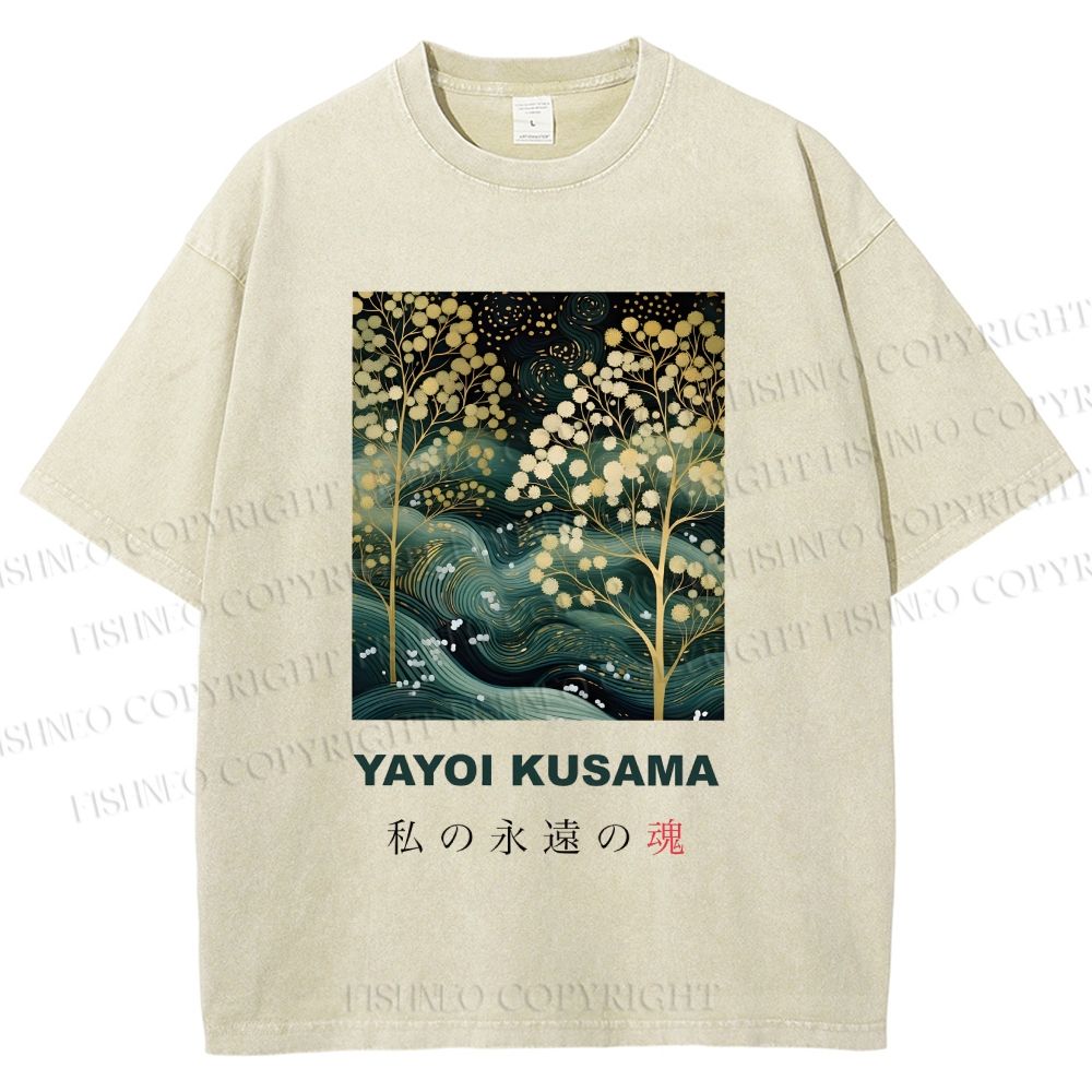 Unisex Yayoi Kusama Artistic Wave Tree Printed Washed Tee